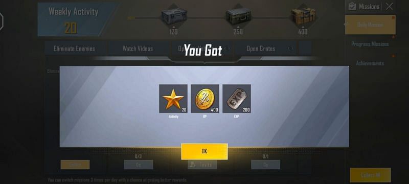 Daily missions offer some EXP every day (Image via PUBG Mobile Lite)